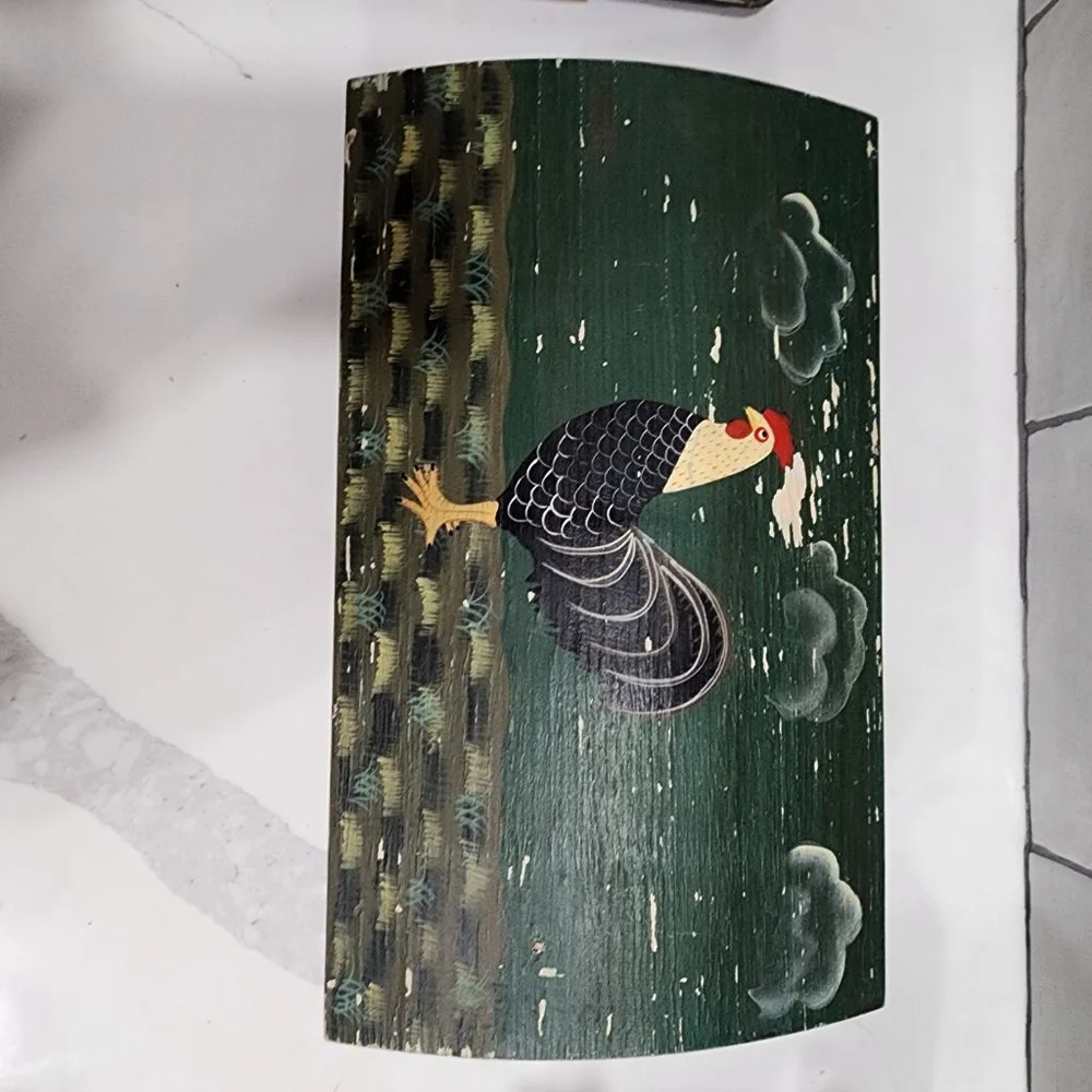 Vintage Hand Painted Folk Art Wooden Box Rooster Farmhouse Primitive Decor
